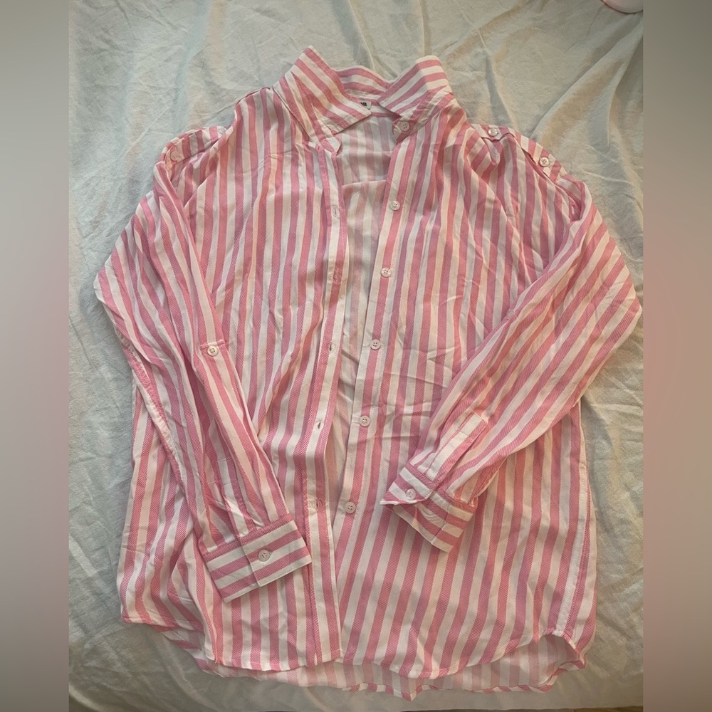 Fashion Nova Pink and White Striped Button Down Shirt